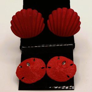 2 Pair Vintage Red Enamel Sand Dollar and Red Carved Scallop Clip-on Earrings